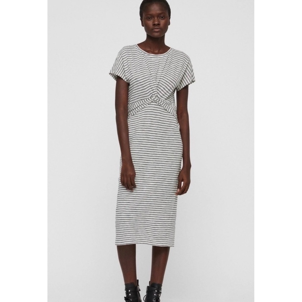 AllSaints Paloma Striped Twist Front Midi Dress Black White Cotton XS